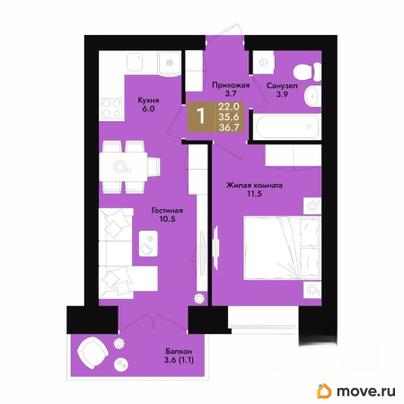 1-комн. квартира, 36.7 м&sup2;