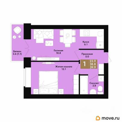 1-комн. квартира, 39.9 м&sup2;