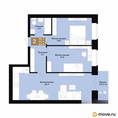 2-комн. квартира, 64.5 м&sup2;
