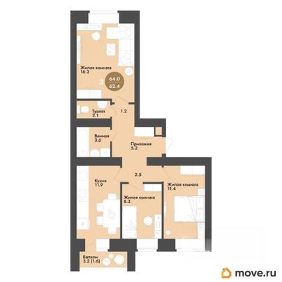 3-комн. квартира, 64 м&sup2;