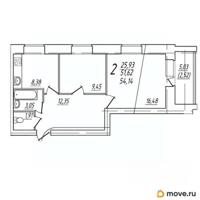2-комн. квартира, 54.14 м&sup2;