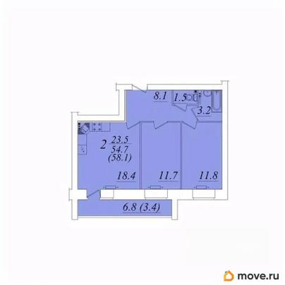 2-комн. квартира, 58.1 м&sup2;
