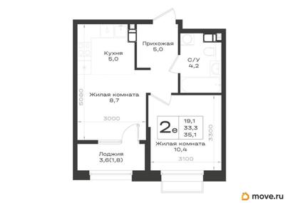 2-комн. квартира, 35.1 м&sup2;