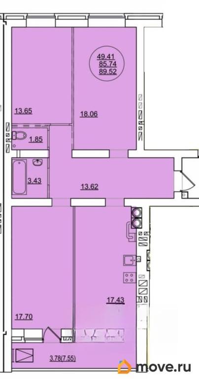 3-комн. квартира, 89.52 м&sup2;