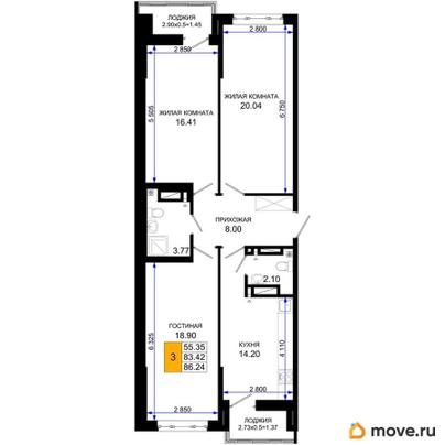 3-комн. квартира, 86.24 м&sup2;