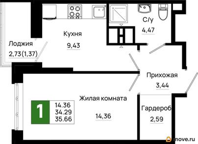 1-комн. квартира, 35.66 м&sup2;