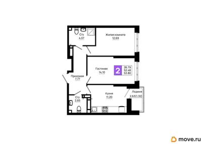 2-комн. квартира, 53.8 м&sup2;