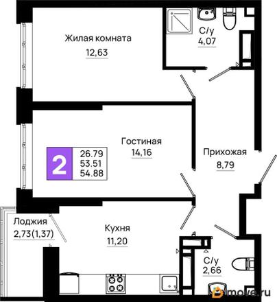 2-комн. квартира, 54.88 м&sup2;