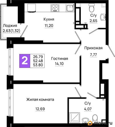 2-комн. квартира, 53.8 м&sup2;