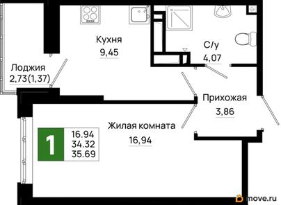 1-комн. квартира, 35.69 м&sup2;