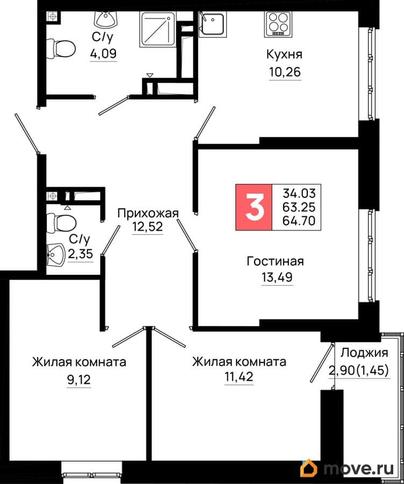 3-комн. квартира, 64.7 м&sup2;