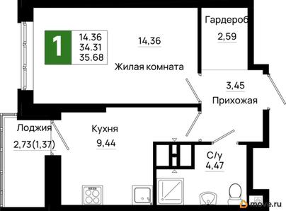 1-комн. квартира, 35.68 м&sup2;