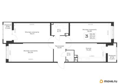 3-комн. квартира, 86.24 м&sup2;