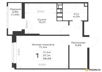 1-комн. квартира, 38.59 м&sup2;