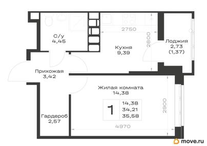 1-комн. квартира, 35.58 м&sup2;