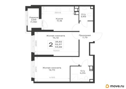 2-комн. квартира, 53.69 м&sup2;
