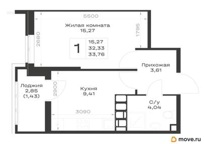1-комн. квартира, 33.76 м&sup2;