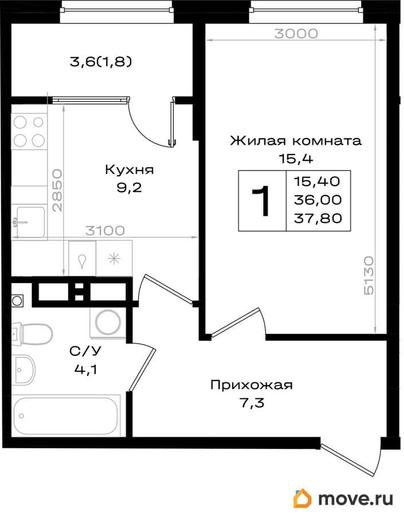 1-комн. квартира, 37.8 м&sup2;