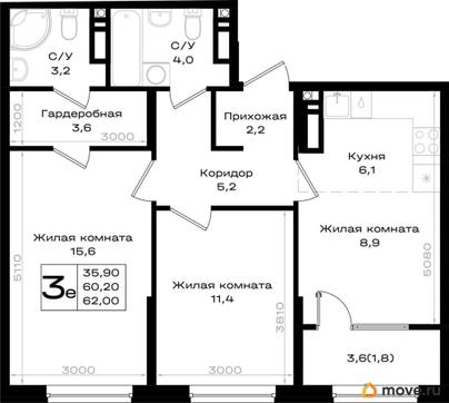 3-комн. квартира, 62 м&sup2;