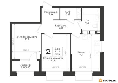 2-комн. квартира, 53.1 м&sup2;
