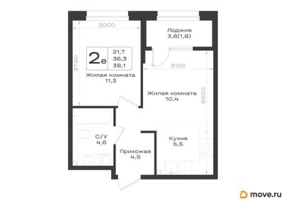 2-комн. квартира, 38.1 м&sup2;