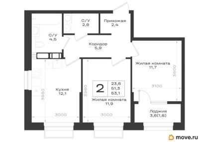 2-комн. квартира, 53.1 м&sup2;