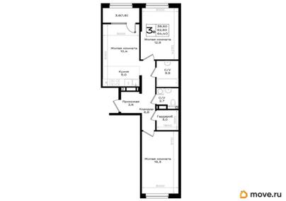 3-комн. квартира, 64.4 м&sup2;