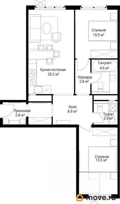2-комн. квартира, 66.6 м&sup2;