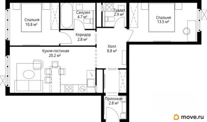 2-комн. квартира, 66.5 м&sup2;