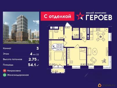 3-комн. квартира, 54.1 м&sup2;