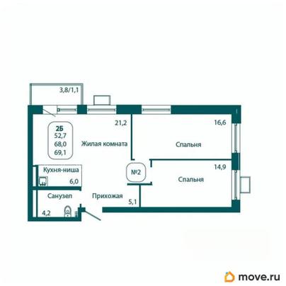 2-комн. квартира, 69.1 м&sup2;
