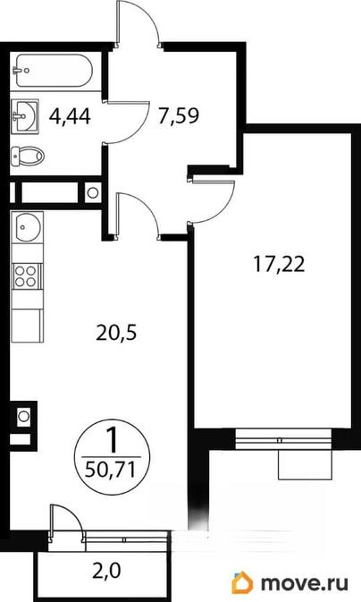 1-комн. квартира, 50.71 м&sup2;