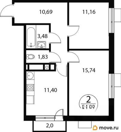 2-комн. квартира, 54.9 м&sup2;