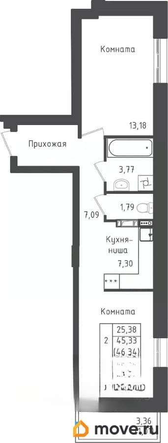 1-комн. квартира, 45.31 м&sup2;