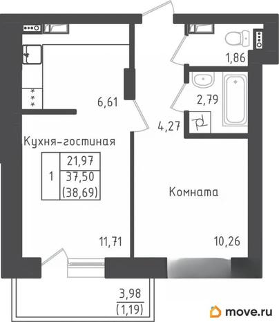 1-комн. квартира, 37.49 м&sup2;