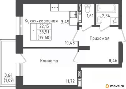 1-комн. квартира, 38.51 м&sup2;