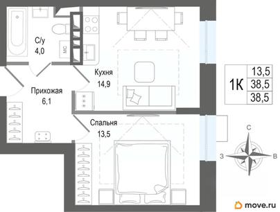 1-комн. квартира, 38.5 м&sup2;