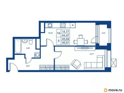 1-комн. квартира, 44.47 м&sup2;