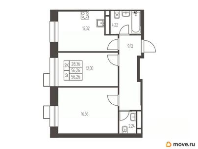 2-комн. квартира, 56.3 м&sup2;