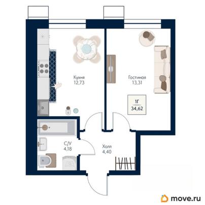 1-комн. квартира, 34.62 м&sup2;