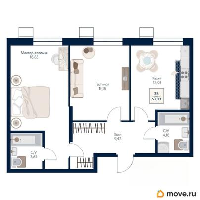 2-комн. квартира, 63.33 м&sup2;