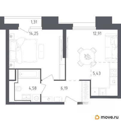 1-комн. апартаменты, 44.67 м&sup2;