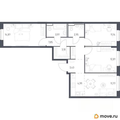 3-комн. квартира, 76.88 м&sup2;