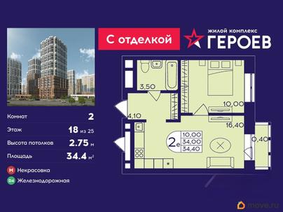 2-комн. квартира, 34.4 м&sup2;