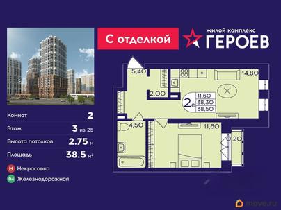 2-комн. квартира, 38.5 м&sup2;
