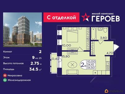 2-комн. квартира, 34.5 м&sup2;