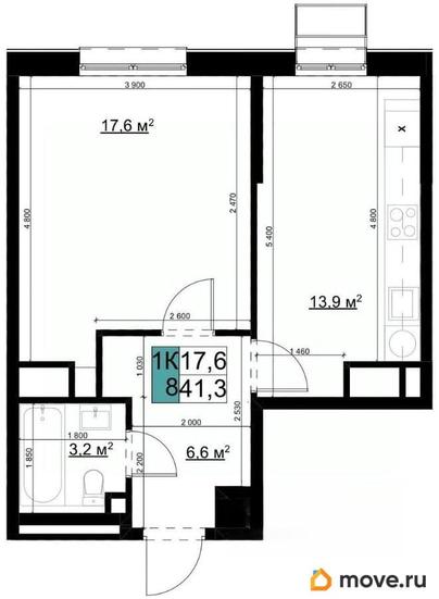 1-комн. квартира, 41.3 м&sup2;