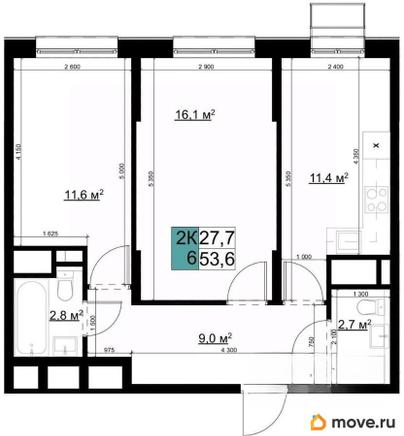 2-комн. квартира, 53.6 м&sup2;