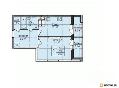 1-комн. квартира, 45.6 м&sup2;