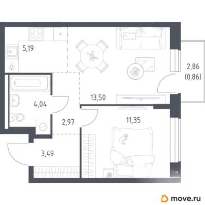 1-комн. квартира, 41.4 м&sup2;